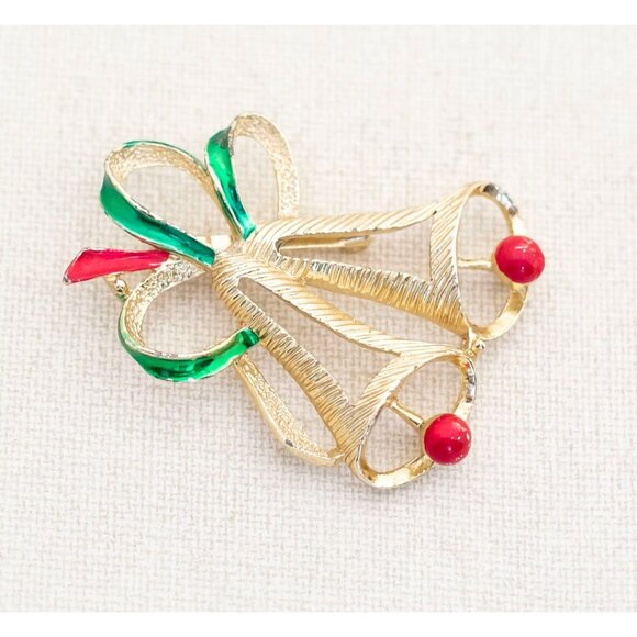 Vintage Dainty Christmas Bells, Gold Tone Christmas Holiday Bells Brooch - A11 - Picture 1 of 2
